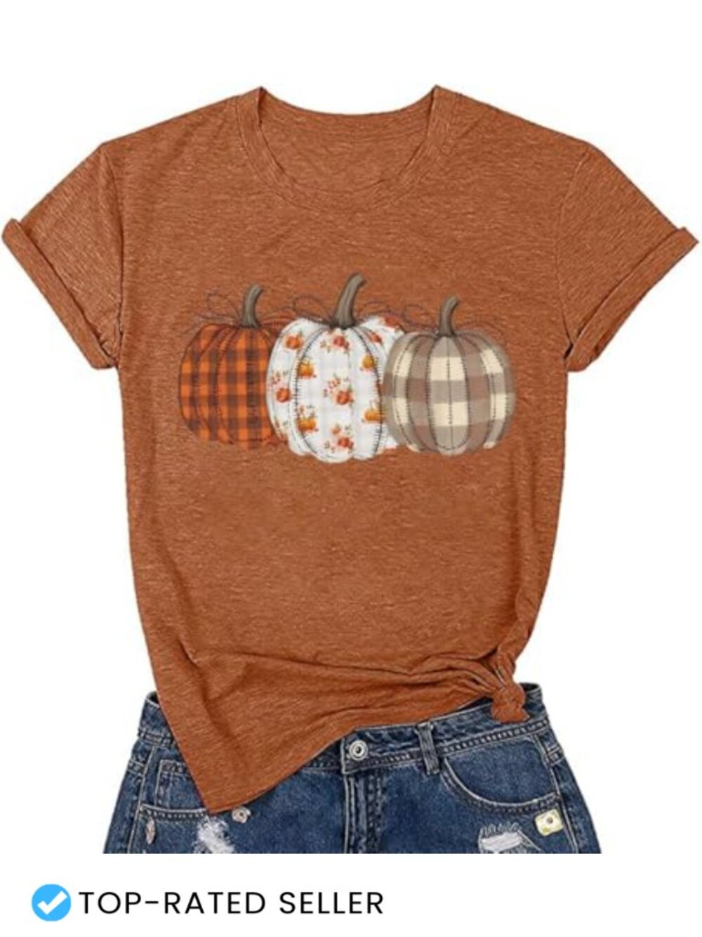 Women's Checkered Pumpkin Graphic Tee Autumn Fall Halloween Short Sleeve Crew
